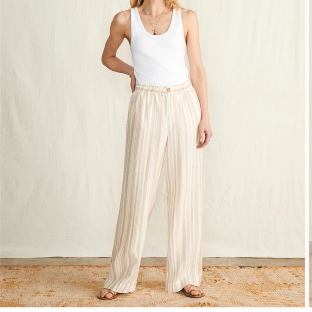 Faherty Monterey Cream and Tan Striped Linen Wide Leg Pants Size XS